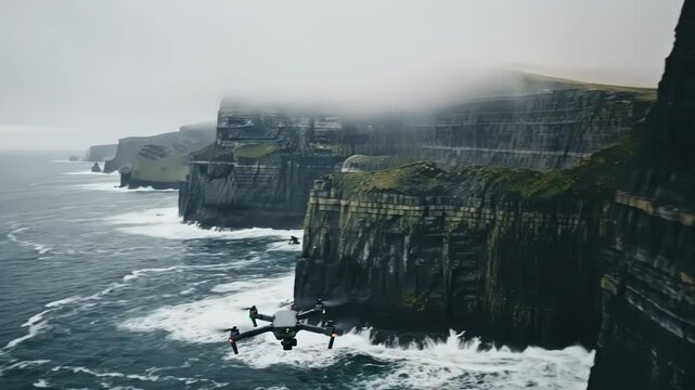 A drone flying over the rugged cliffs of moher on a misty overcast day