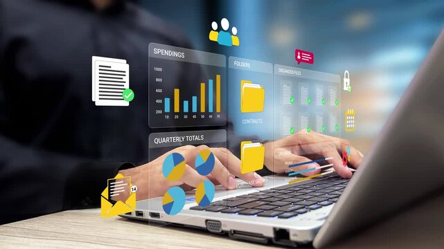 Business Database and Digital Ledger Concept. Data Management System, Financial Records, Cloud Storage, Enterprise Database, Digital Documentation. Person Using Laptop to Manage Data Archive Interface