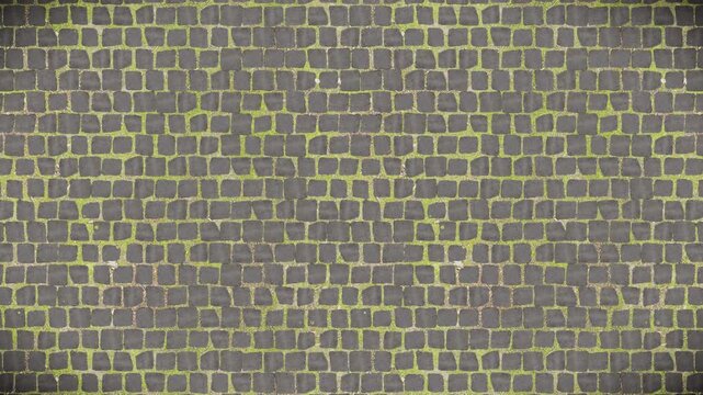 Weathered dark paving stones and bright green grass form a seamless loop.