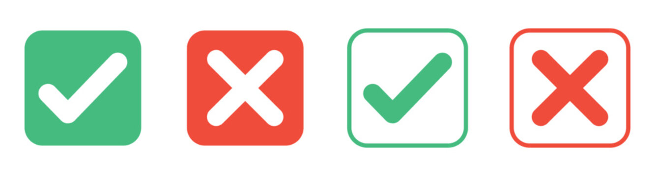 Set of square check mark and cross icons for user interface design tasks.