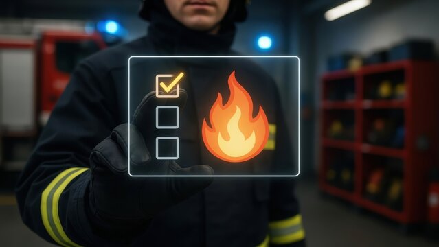 Firefighter interacting with digital checklist and fire icon interface in fire station