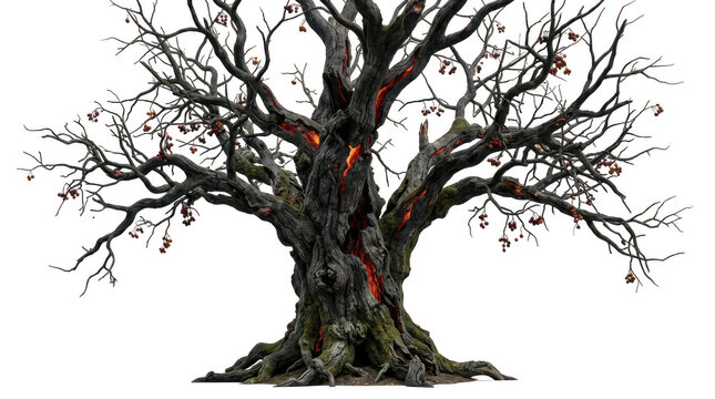 Old spooky dead tree with glowing red magma cracks and dry branches isolated on transparent background