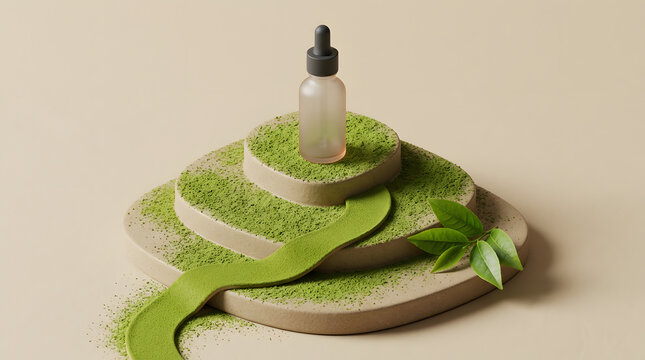 Surreal sensory botanical wellness still life with an unbranded glass serum bottle, tactile organic textures, vivid colors and cinematic light. AI Generated.