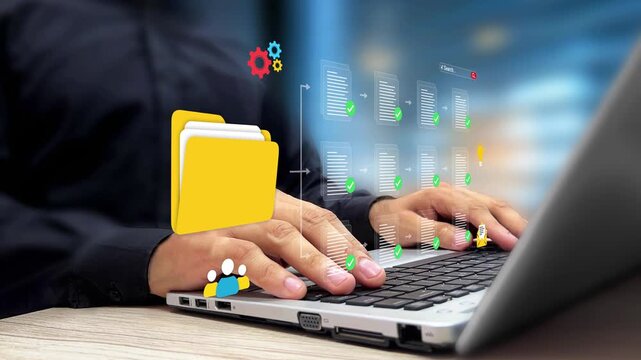 Digital Folder Management System. Person Using Laptop to Organize Files Archive. Online Document Database, Cloud Storage, Document Management, File Organization, Digital Records, Business Productivity