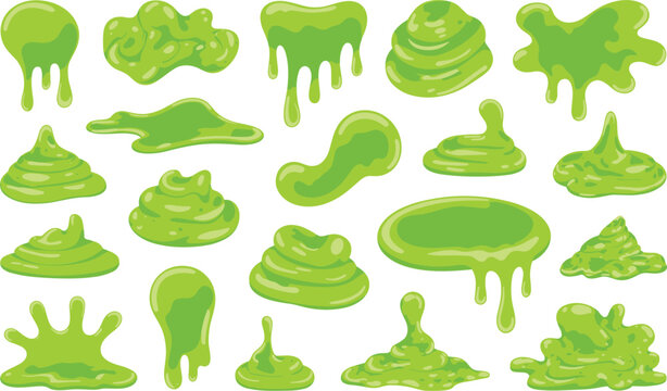 Glossy green slime drips and goo splashes vector collection with cartoon liquid blobs isolated on white background for Halloween gaming and creative design