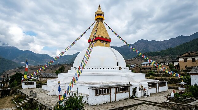 White buddhist stupa with prayer flags in a mountain village
