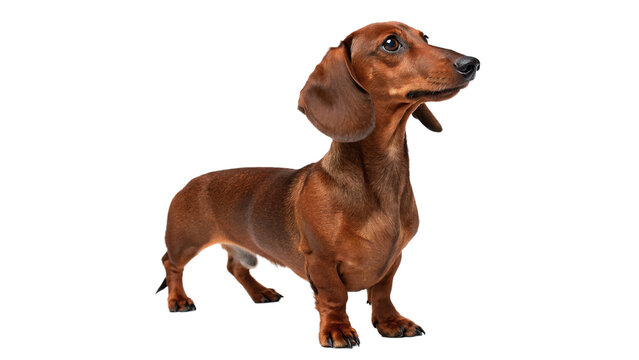 Portrait of a cute purebred dachshund dog standing alert isolated on transparent background for pet care