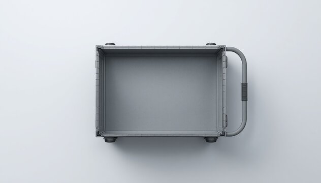 Empty metal industrial cart with handle, top view on white background