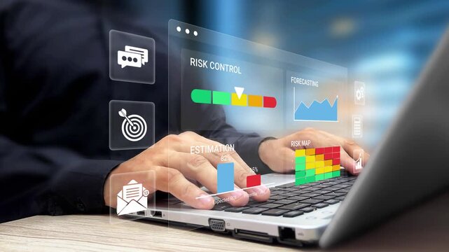 Risk Control, Risk Map and Cost Estimation Concept. Entrepreneur Analyzing Business Risk Dashboard on Laptop. Financial Planning, Cost Forecasting, Risk Assessment, Enterprise Management