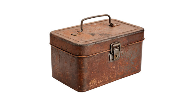 Vintage rusty metal industrial storage chest tool box isolated on transparent background for workshop catalog