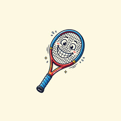 Cheerful anthropomorphic tennis racket character smiling broadly for sports and fitness projects.