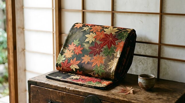 Traditional japanese obi with embroidered autumn maple leaves on a chest