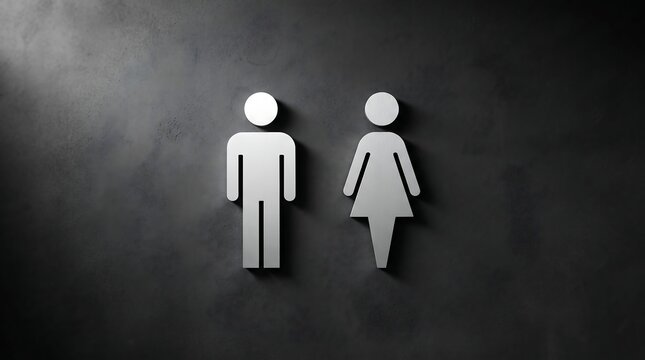 Modern metallic male and female restroom icons mounted on a dark textured concrete wall background.