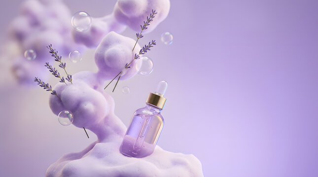 Surreal sensory botanical wellness still life with an unbranded glass serum bottle, tactile organic textures, vivid colors and cinematic light. AI Generated.