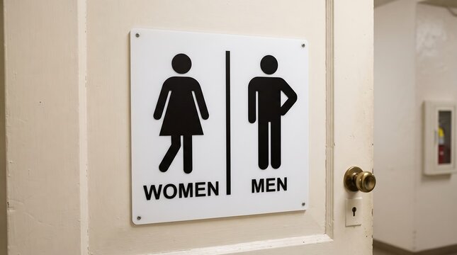 Funny restroom sign mounted on a white door displaying Women and Men pictograms in urgent waiting poses.