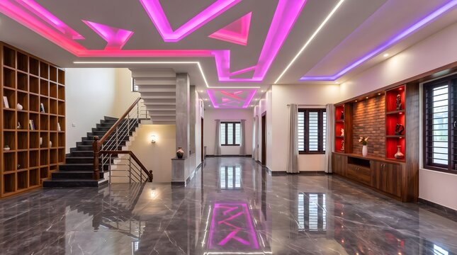 High-End Architectural Hallway with Vibrant Pink Lighting and Custom Wooden Built-ins