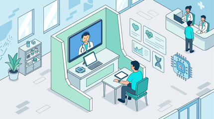 Naklejka premium Isometric illustration of telemedicine and online medical consultation concept with patient talking to doctor on screen in modern clinic with AI technology and digital healthcare data