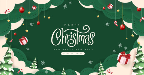 Obraz premium Merry Christmas and Happy New Year greeting card banner in paper art style with snowy winter landscape, and copy space for holiday celebration background