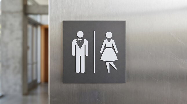 Modern restroom sign on a brushed metal door featuring stylish male and female pictogram figures in formal attire.