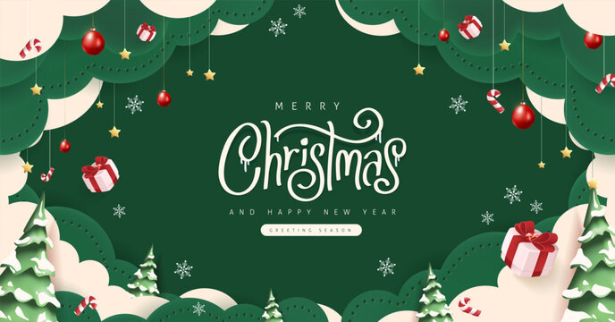 Merry Christmas and Happy New Year greeting card banner in paper art style with snowy winter landscape, and copy space for holiday celebration background