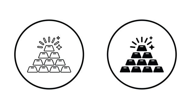 Shiny gold bullion bars stack with sparkles inside circular frame as outline and solid black vector icons for luxury wealth banking and high value financial investment asset graphics