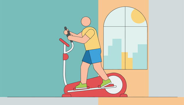 Fitness concept with a man exercising on an elliptical cross-trainer machine near a sunny city-view window.