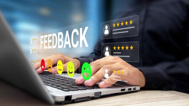 Customer Satisfaction Survey, User Experience Rating, Service Evaluation Concept. User Choosing Feedback Scale on Laptop Virtual Screen. Online Review System, Opinion, Quality, Business Improvement
