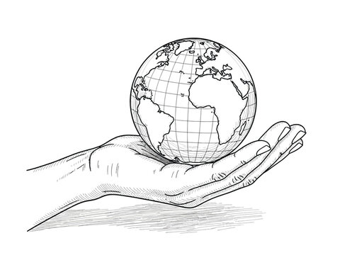 Hand holding globe sketch illustration with protection, illustration