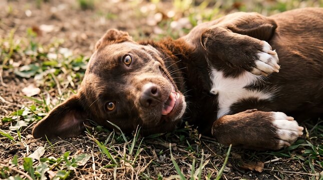 Charming brown puppy with white paws rolling playfully on its back in the grass on a sunny day.