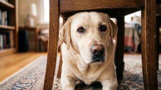 Gentle yellow labrador retriever hiding under a wooden chair on a patterned rug in a cozy living room.