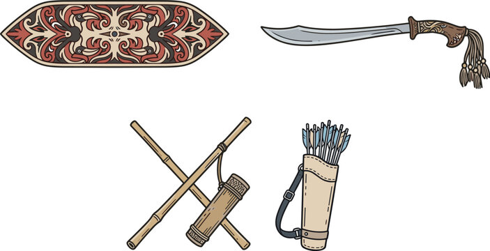Traditional Dayak Tribal Weapon Vector Set Featuring Mandau Sword Ornate Shield Blowpipe Sumpitan and Arrow Quiver Elements