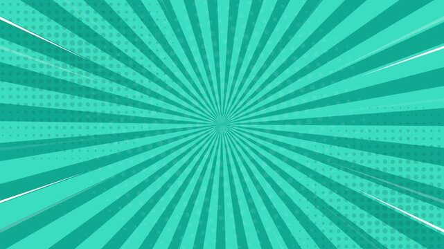 Vibrant teal comic book radial sunburst animation with halftone dots pop art style motion background Video 4K