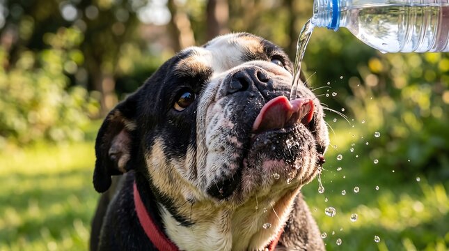 Thirsty English bulldog drinking fresh water poured from a plastic bottle outdoors on a hot sunny day.