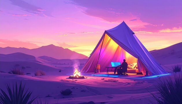 Digital Nomad Working on Laptop Inside a Glowing Tent in the Desert at Sunset with a Campfire and Copy Space