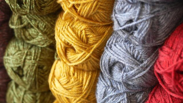 Close up slow motion video of colorful skeins of yarn made from natural wool or cotton, ideal for knitting and crochet projects