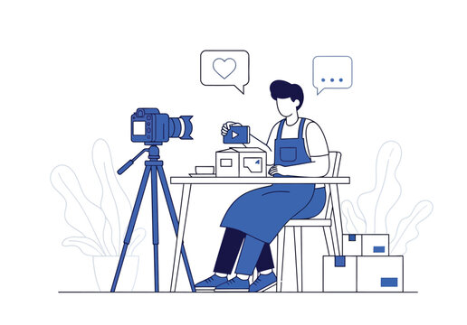 Content creator filming video review for unboxing product using camera and tripod in studio with speech bubbles and plants in blue monochrome illustration.
