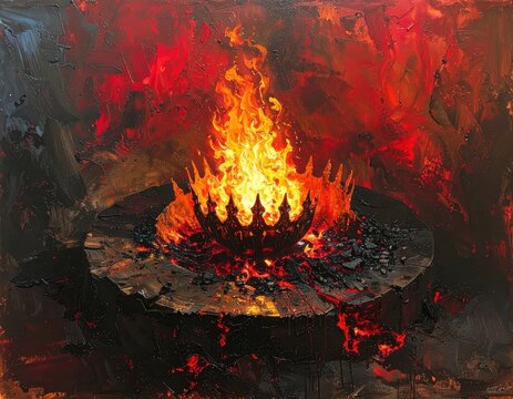 Dramatic Abstract Painting of a Burning Crown Engulfed in High Flames with a Fiery Red Textured Background and Ample Copy Space