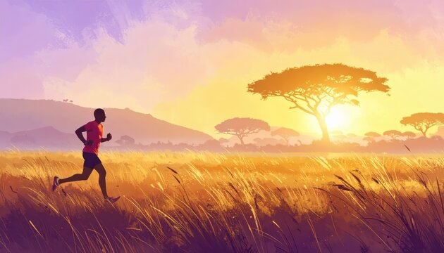 Silhouette of a Man Running through the African Savannah at Sunrise, Artistic Digital Illustration with Copy Space