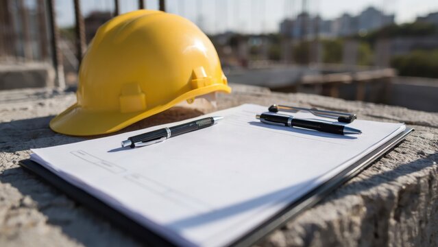 Yellow hard hat with clipboard and pens on concrete at a construction site