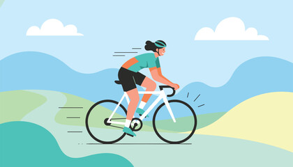 Fototapeta premium Energetic woman wearing a helmet rides a white bicycle along a winding path in a scenic mountain valley.