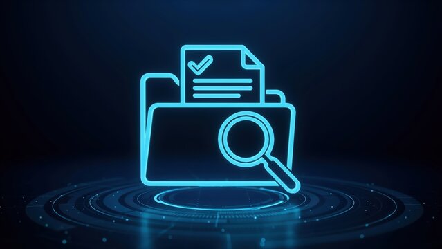 Digital document search and audit concept with neon folder icon on blue technological background