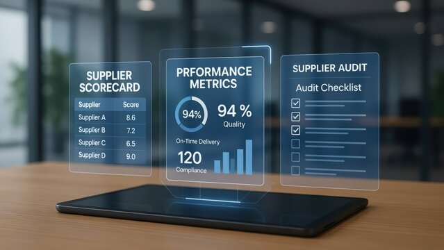 Tablet projecting holographic dashboard for supplier audit performance metrics and scorecard on a wooden desk