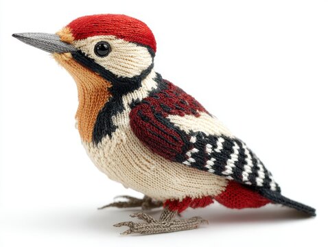 Knitted Woodpecker Toy With Red And Black Pattern Isolated On White Background