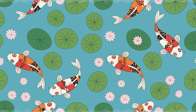 Seamless pattern featuring beautiful koi fish swimming among green water lily pads and pink lotus flowers in a pond.