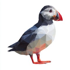 Low Poly Geometric Atlantic Puffin Illustration On Isolated White Background With Vibrant Colors