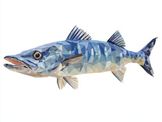 Fototapeta premium Low Poly Geometric Barracuda Fish Isolated On White Background With Blue Tones Digital Art Graphic