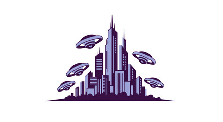 City Skyline with Flying Saucers Above. © Slowme