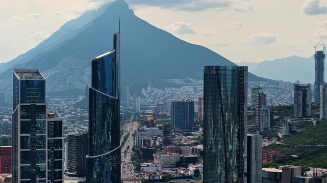 San Pedro Garza Garcia, Mexico - 13 June 2026: Aerial view of modern skyscrapers and the urban skyline with the Sierra Madre Oriental mountains in Nuevo Leon.
