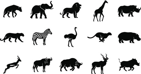 African safari animal silhouettes collection vector icon set with elephant lion giraffe zebra and rhino isolated on white background for graphic design © MstShapla