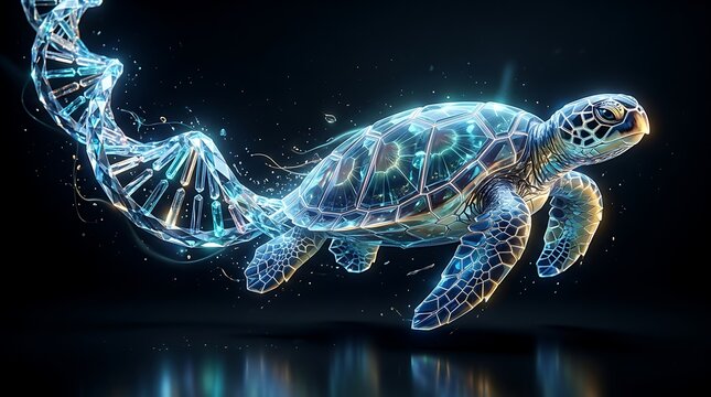 Bioluminescent Sea Turtle Emerging from a Crystalline DNA Helix genetic